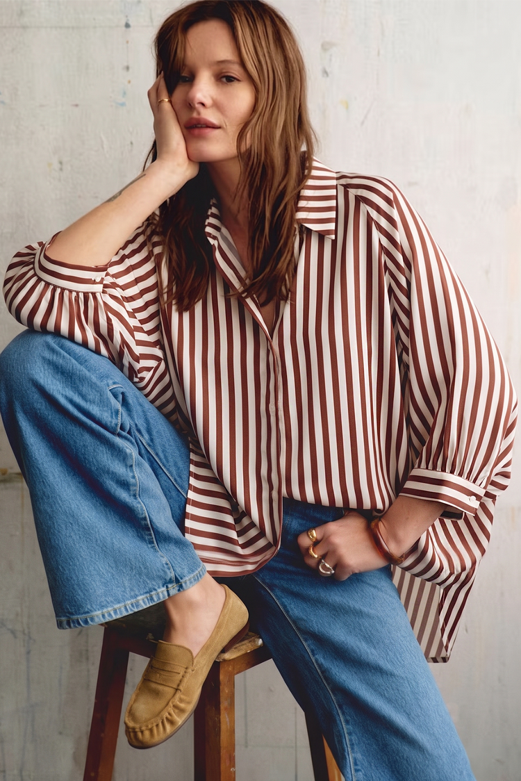 Stripe Wide Puff Sleeve Button down Shirt