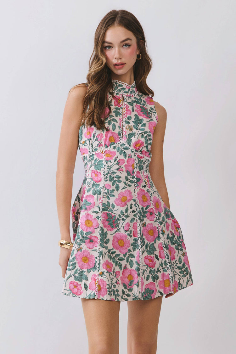 Floral Lace Trim Open Back Mini Dress: Pink