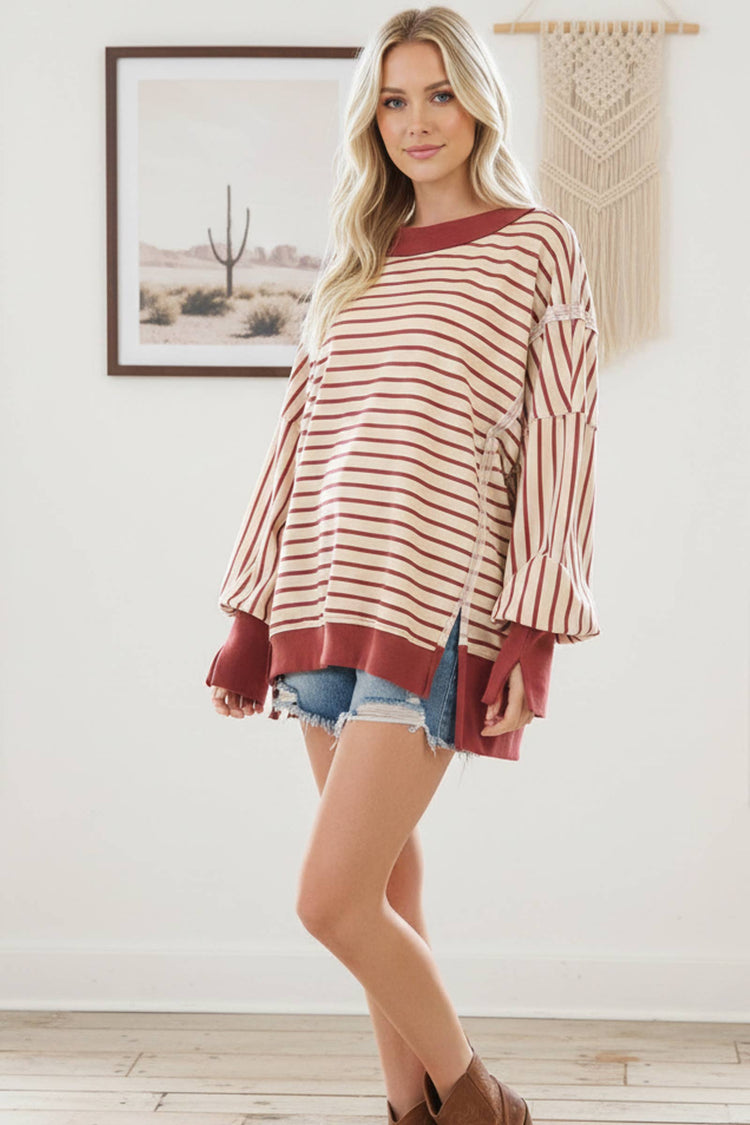 Striped Balloon Sleeve Terry Sweatshirt