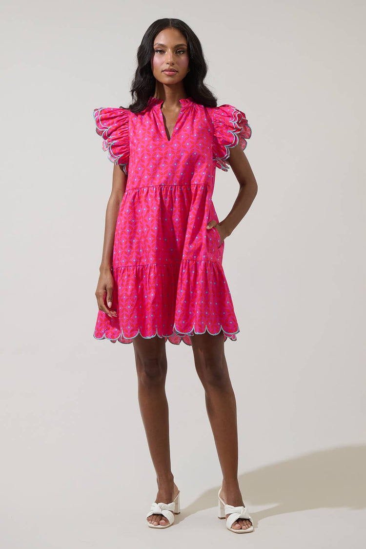 Vaila Floral Tess Shift Scallop Mini Dress: FUCH-RED-MUL