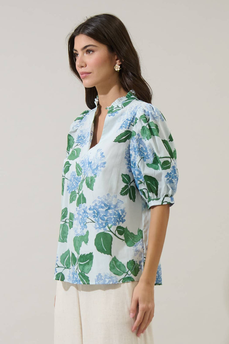 Mirla Floral Terri Puff Sleeve Top: BLUE-GREEN-MUL