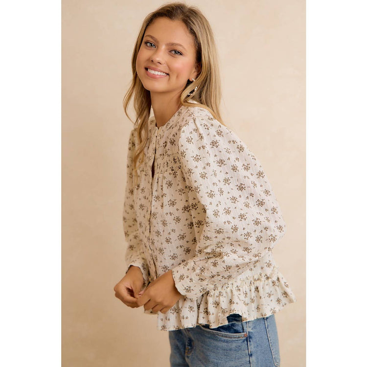 VINTAGE FLORAL SMOCKED BUTTON DOWN PEPLUM BLOUSE: OATMEAL