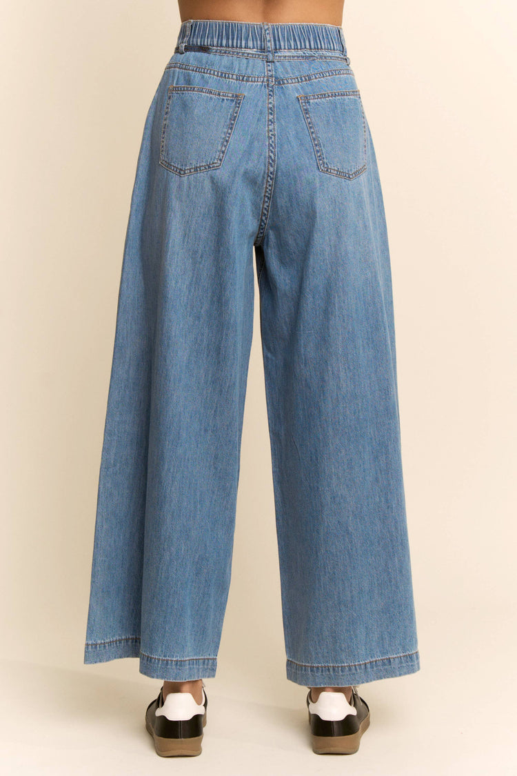 HIGH WAISTED WIDE LEG DENIM PANTS SELF TIE BELT: BLUE DENIM