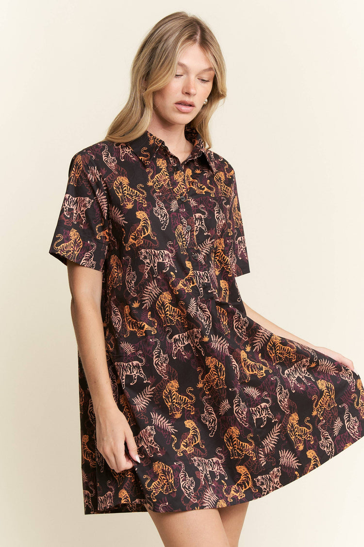 COLLARED TIGER PRINT MINI DRESS