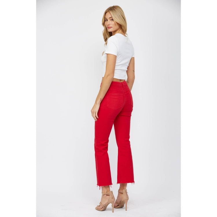 HIGH RISE ANKLE FLARE JEAN - HUSKER RED