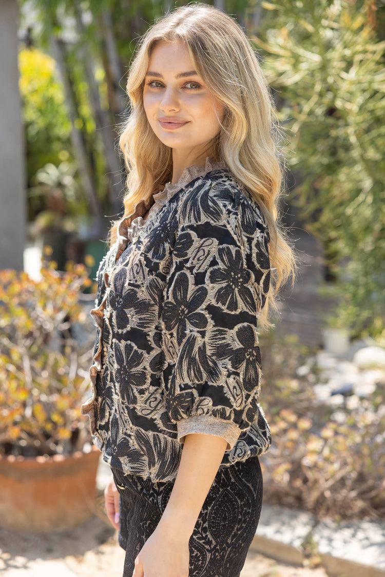 Contrast Ruffled V-Neck Floral Textured Top