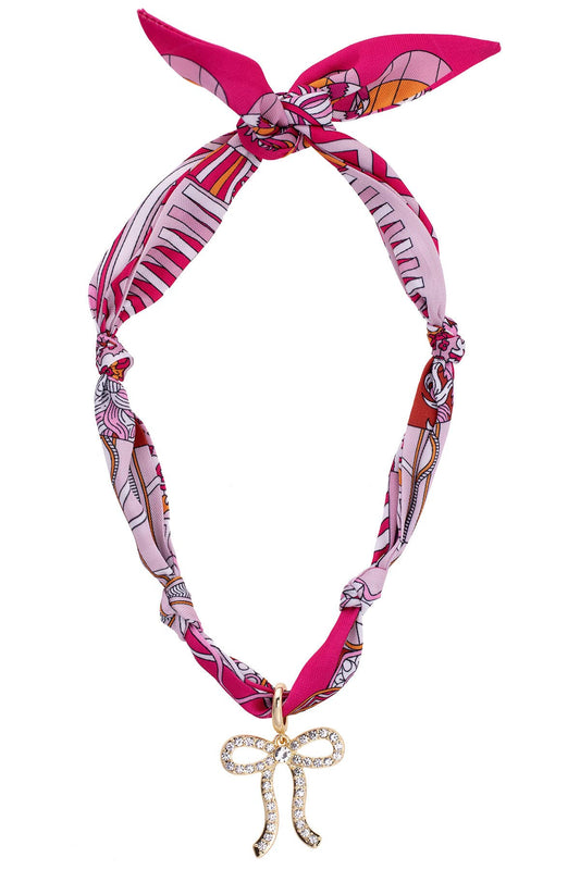Cassie Pave Bow Scarf Necklace in Fuchsia/Orange/White