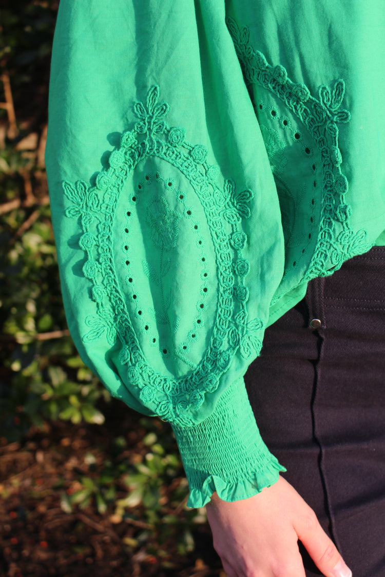 Embroidered Appliqué Button Up Top - Green