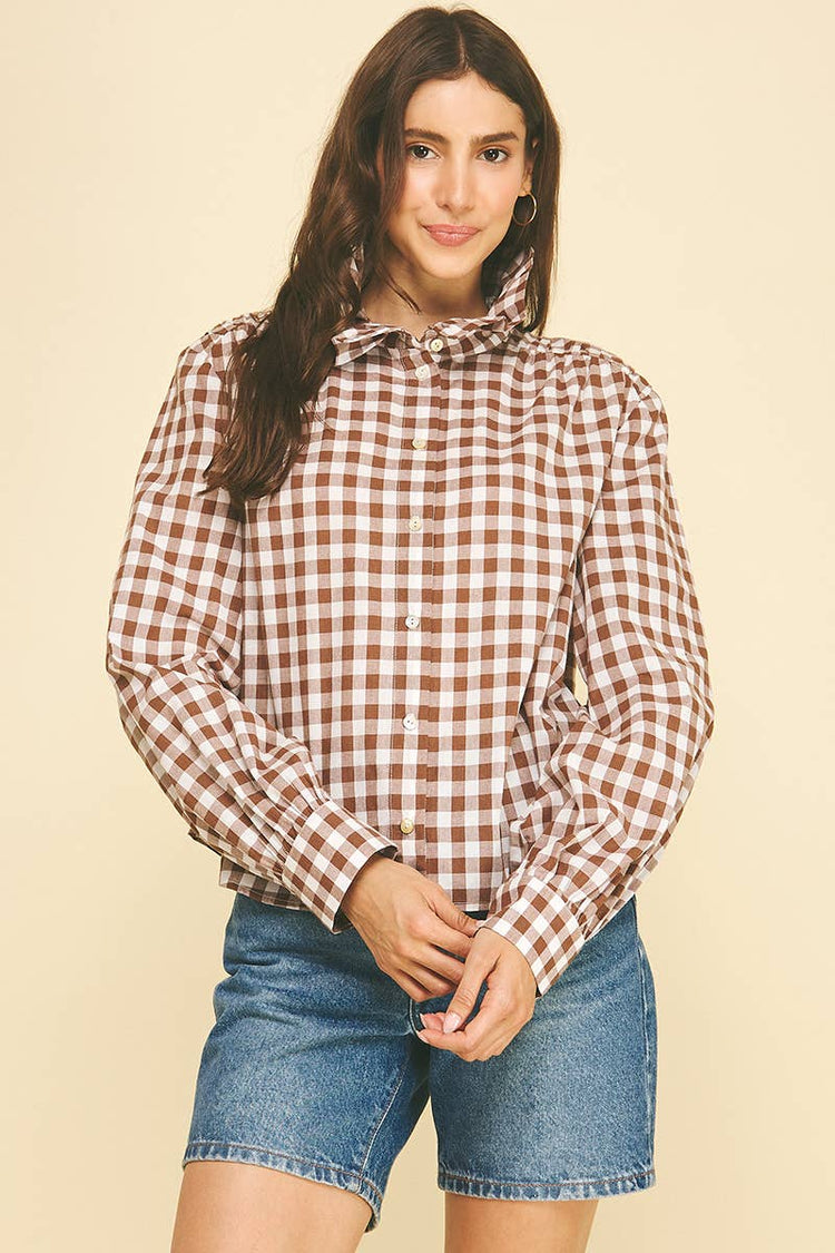 Gingham Check Ruffled Collar Shirt