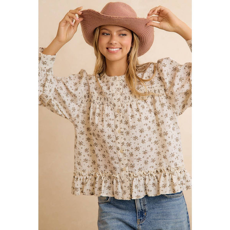VINTAGE FLORAL SMOCKED BUTTON DOWN PEPLUM BLOUSE: OATMEAL