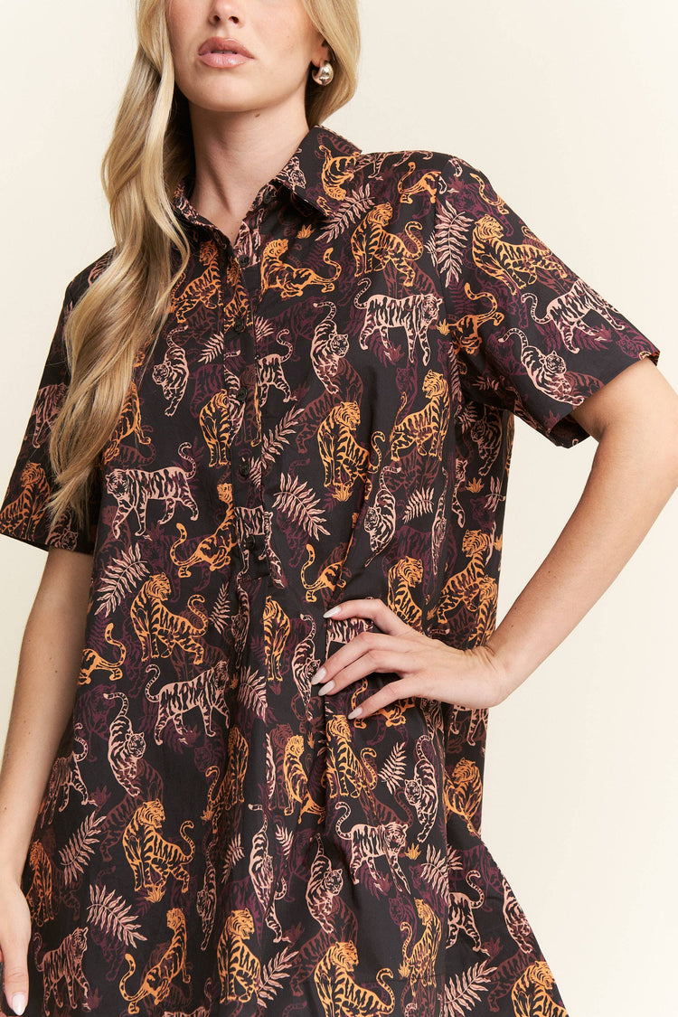 COLLARED TIGER PRINT MINI DRESS