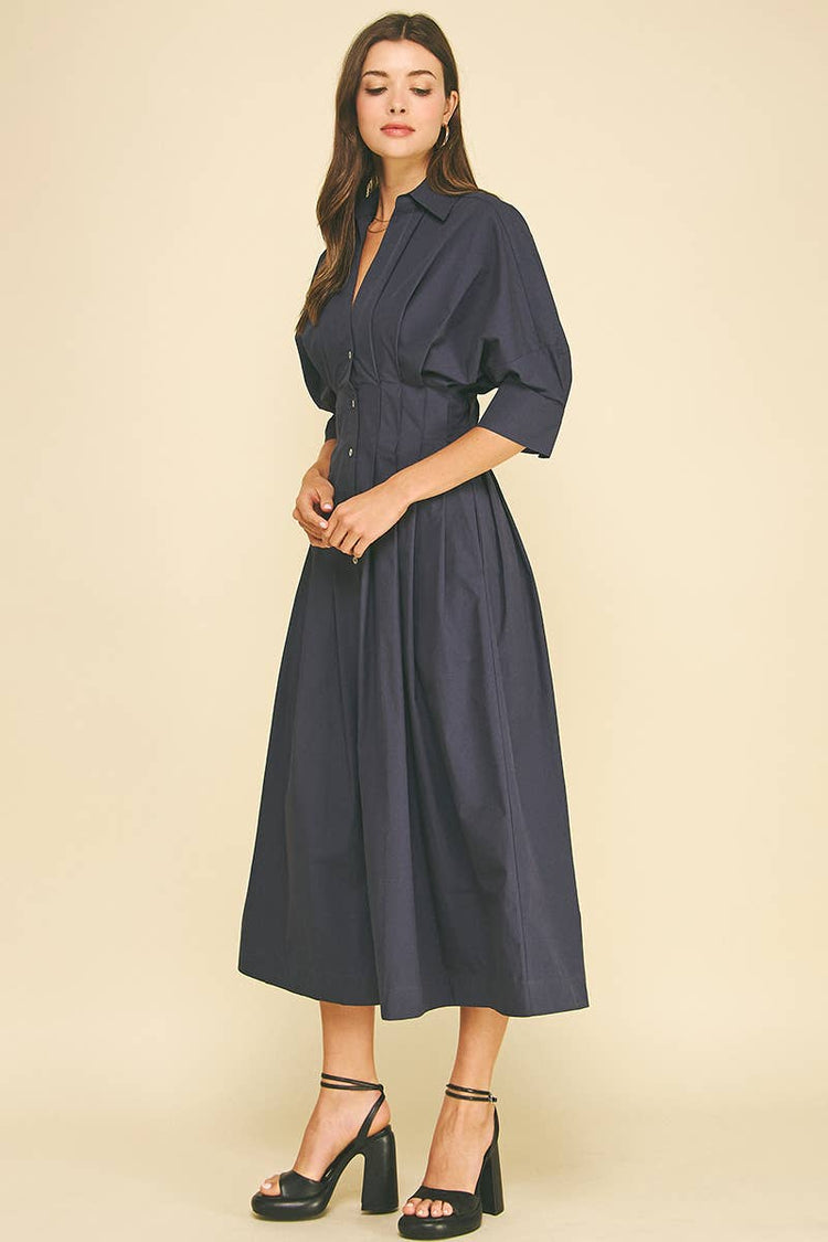 Pleated Button Down Midi Dress