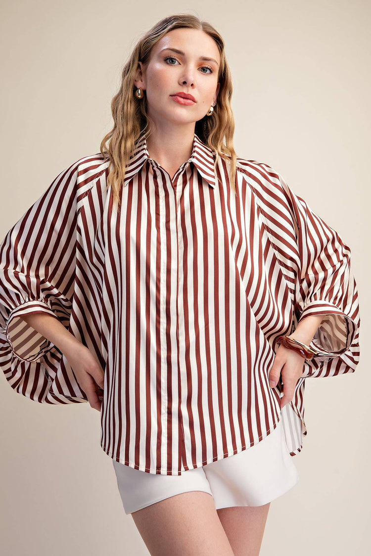 Stripe Wide Puff Sleeve Button down Shirt