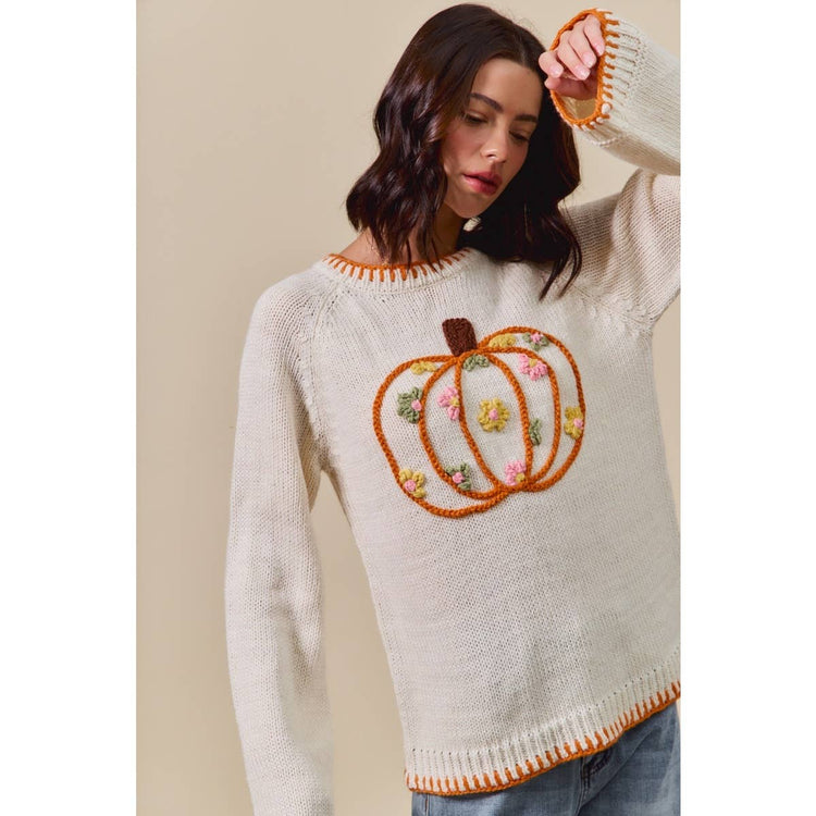 PUMPKIN FLORAL EMBROIDERED THANKSGIVING SWEATER