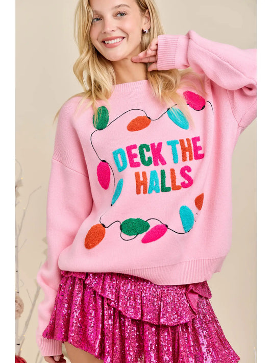 Deck the Halls Pink Christmas Knit Sweater Holiday Pullover
