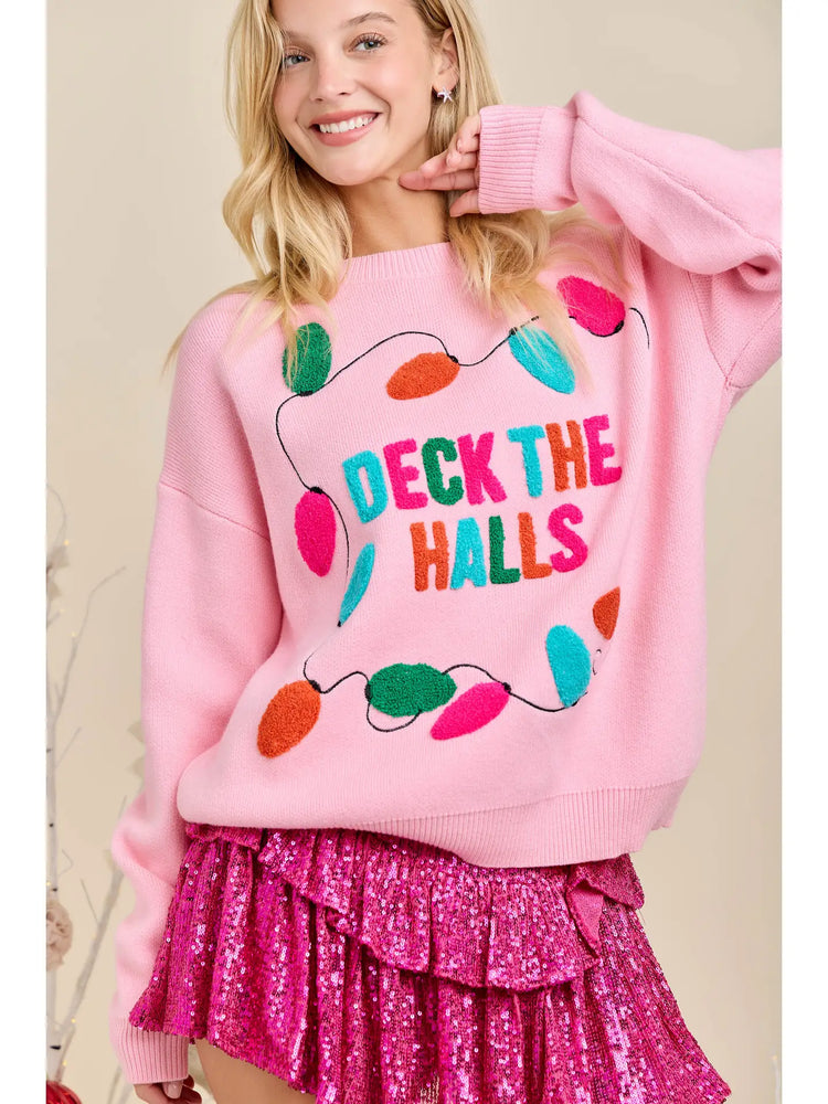 Deck the Halls Pink Christmas Knit Sweater Holiday Pullover