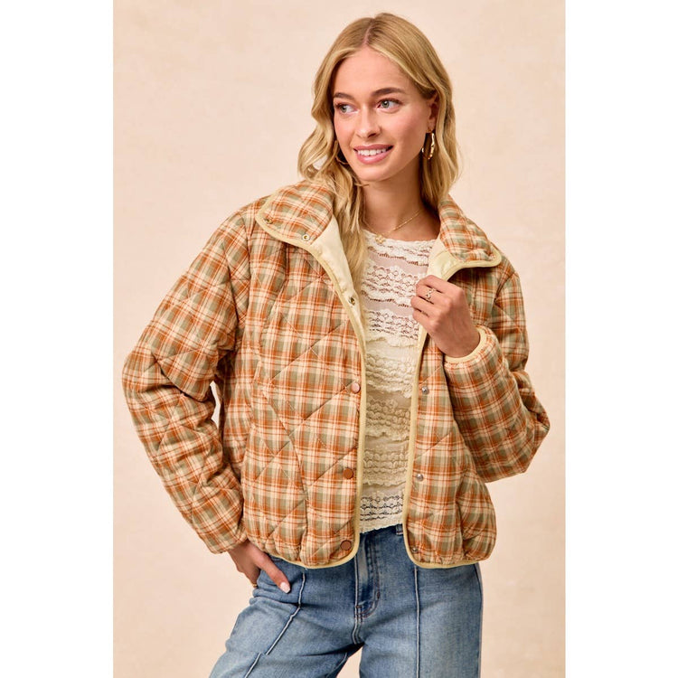 VINTAGE PLAID PIPING DETAIL QUILTED JACKET
