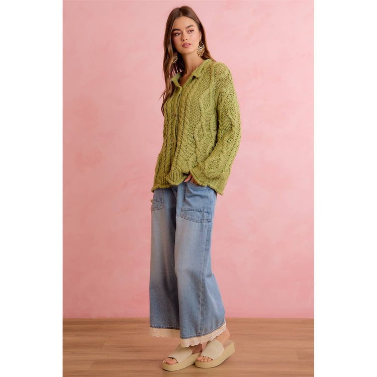 CROCHET LACE TRIM RELAXED STRAIGHT WIDE LEG DEMIN JEANS