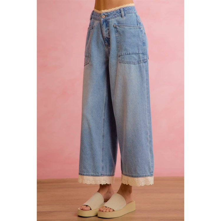 CROCHET LACE TRIM RELAXED STRAIGHT WIDE LEG DEMIN JEANS