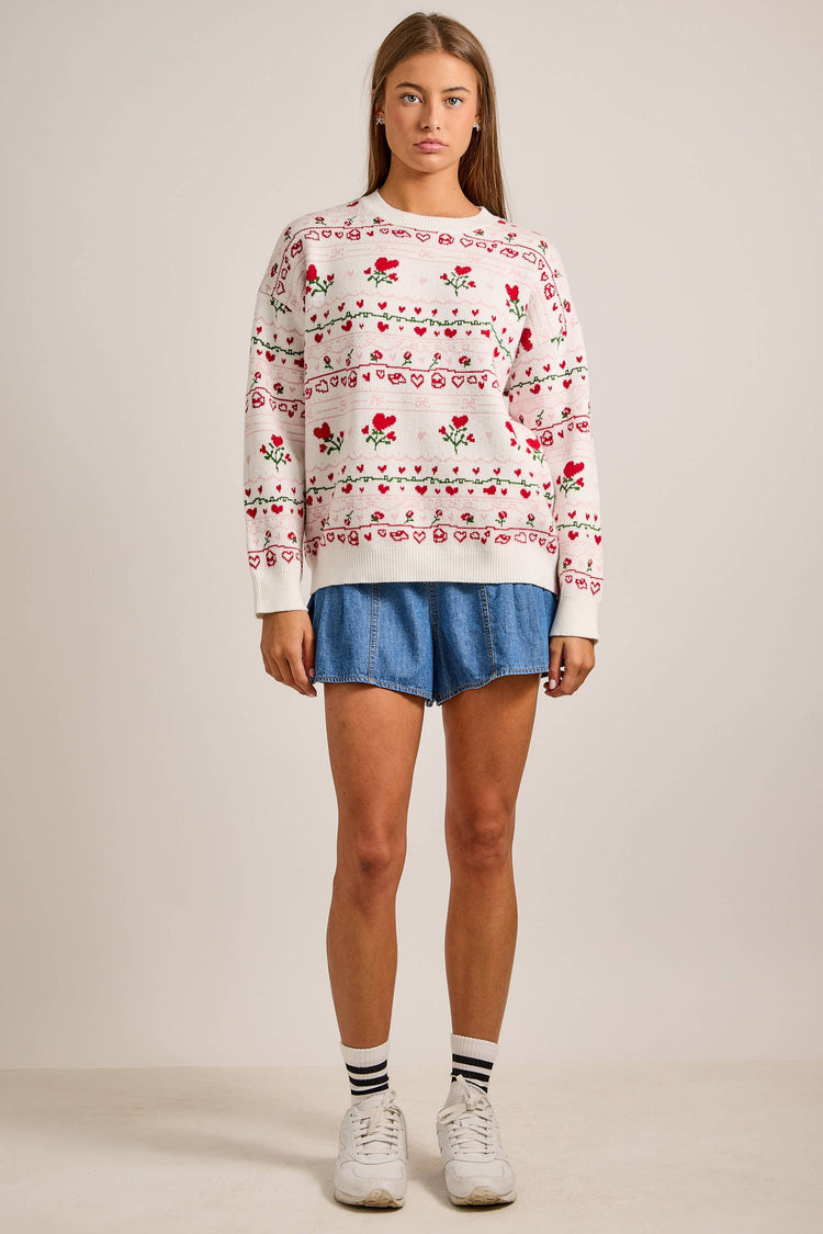 All overr heart-and-rose jacquard sweater knit top