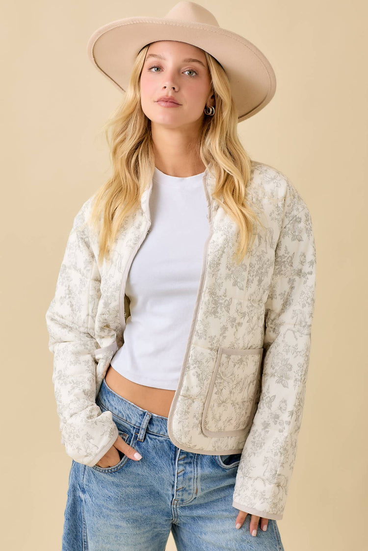 Vintage Print Quilted Padded Jacket With Binding Detail