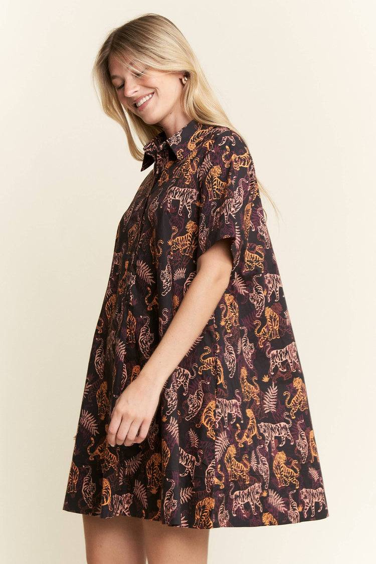 COLLARED TIGER PRINT MINI DRESS