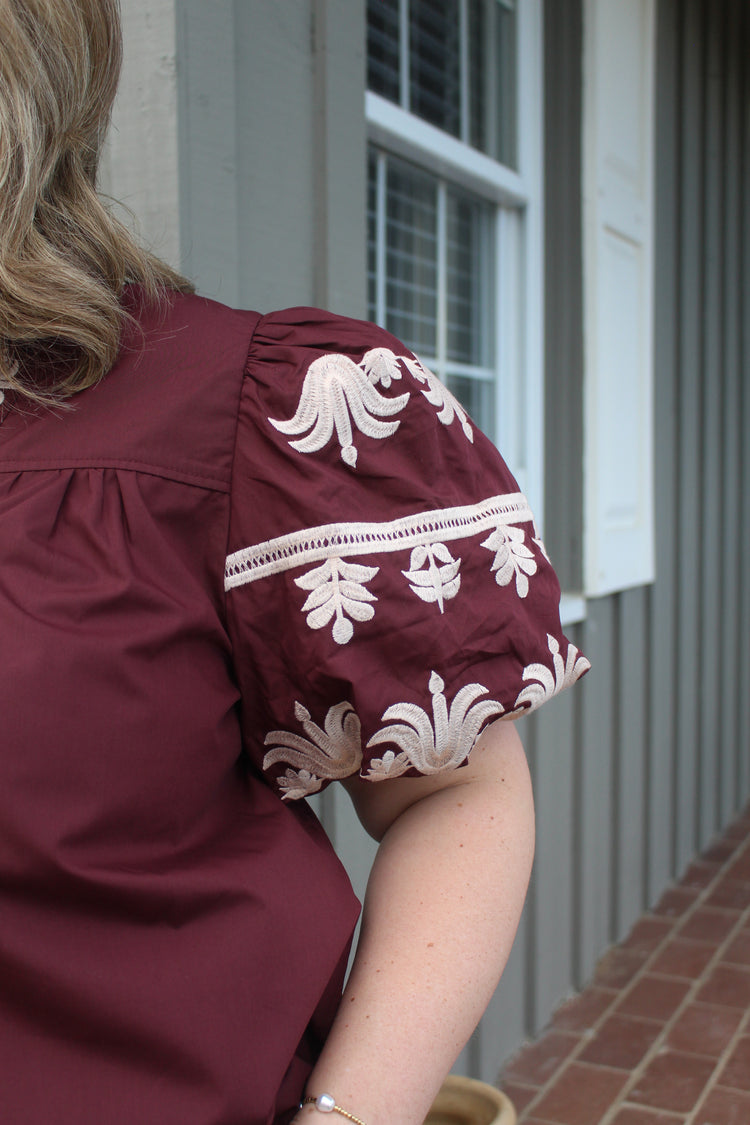 Burgundy Puff Sleeve with Embroidered detail