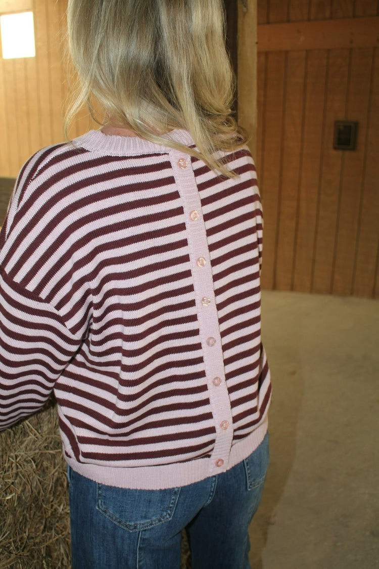 STRIPE RELAXED BACK BUTTON DETAIL KNIT SWEATER