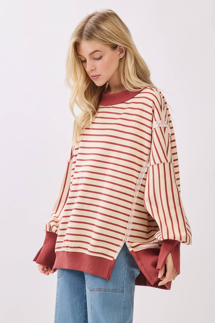 Striped Balloon Sleeve Terry Sweatshirt