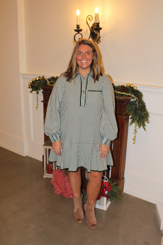 Green Gingham Collared Dress