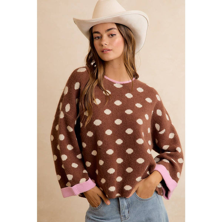 CONTRAST NECK AND ROLL UP DETAIL POLKA DOT SWEATER: MOCHA/BLUSH