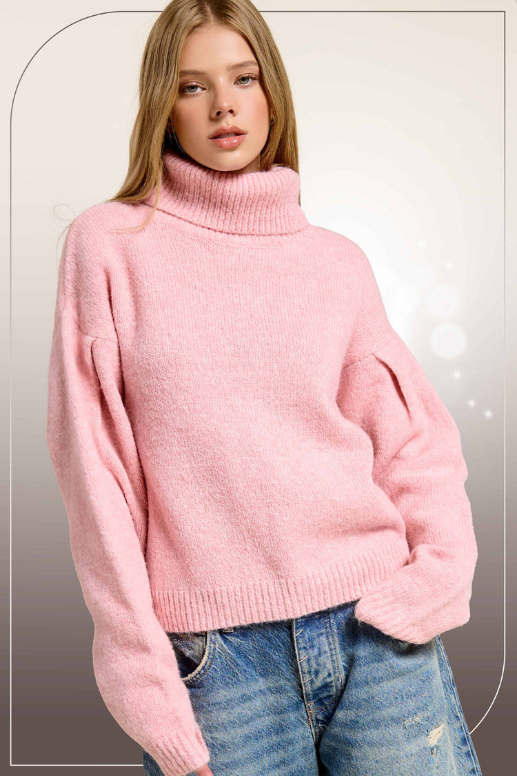 Loose Fit Turtleneck Pin-tuck Long Sleeve Sweater: Strawberry Milk