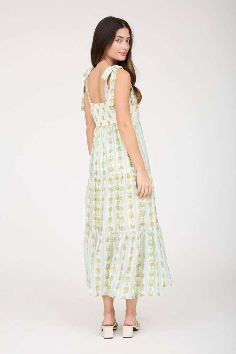 STRIPE FLORAL CONTRAST SLEEVELESS MIDI DRESS: SAGE MULTI