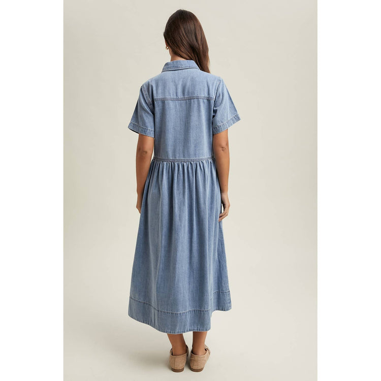 DENIM BUTTON-FRONT SHIRT DRESS