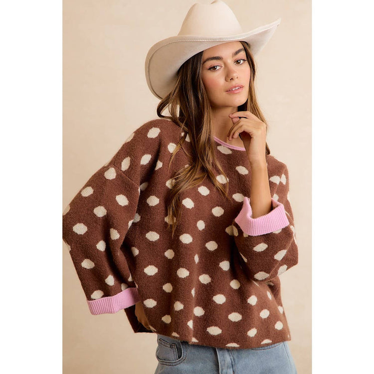 CONTRAST NECK AND ROLL UP DETAIL POLKA DOT SWEATER: MOCHA/BLUSH