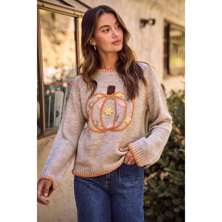 PUMPKIN FLORAL EMBROIDERED THANKSGIVING SWEATER