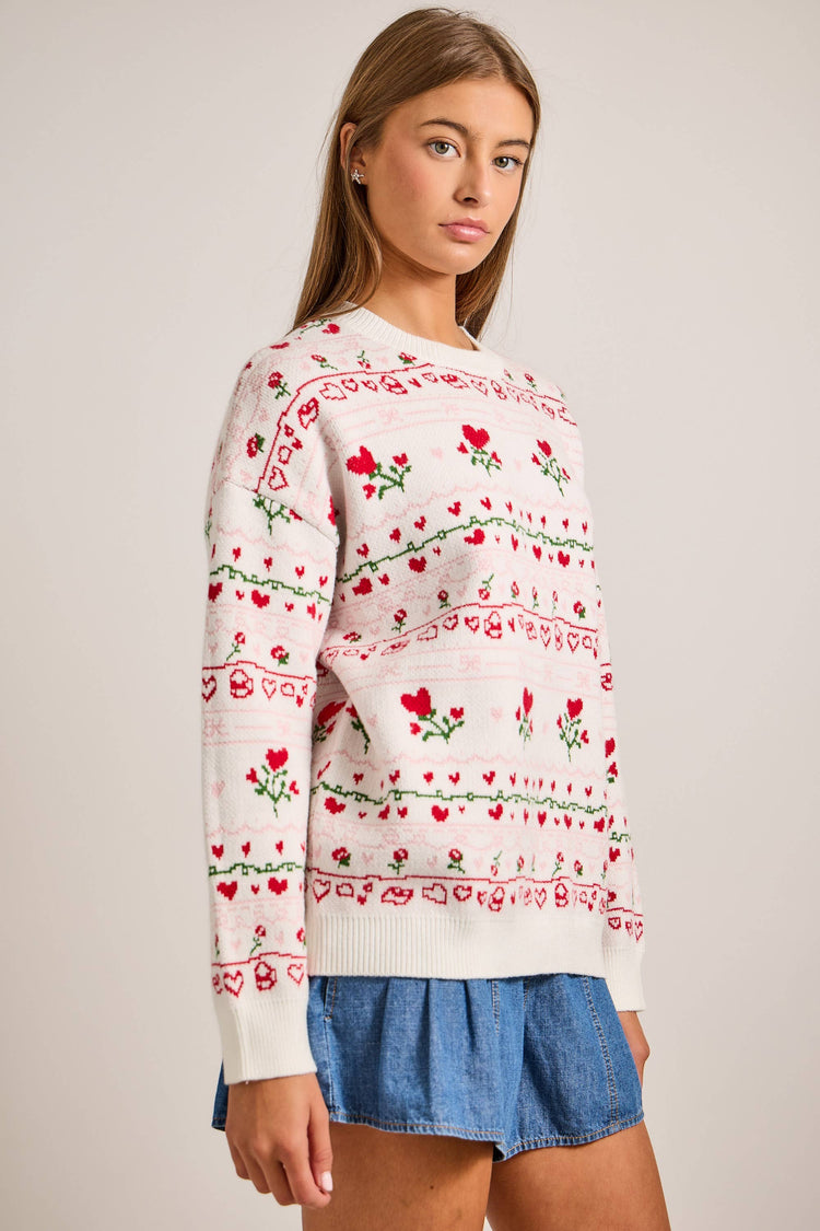 All overr heart-and-rose jacquard sweater knit top