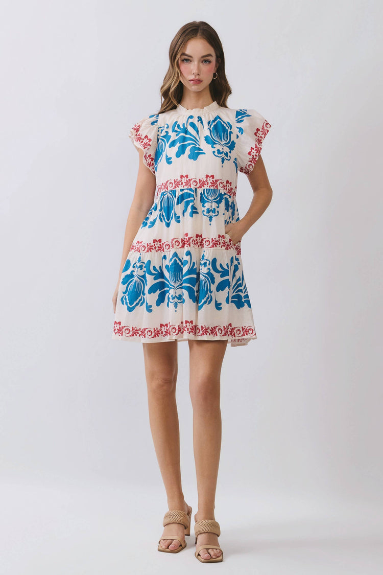 Contrast Floral Print Tiered Mini Dress