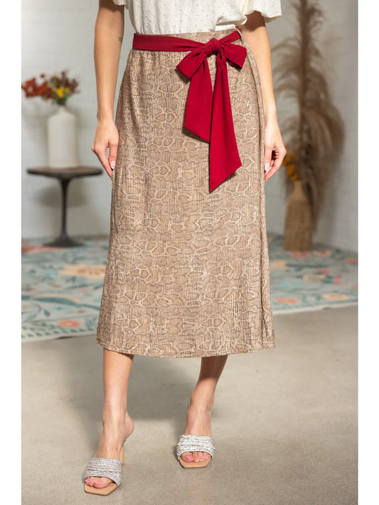 Red Contrast Tie Belt Animal Print Midi Skirt