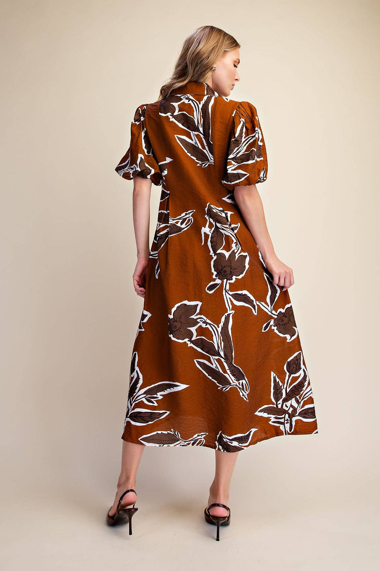 Print Puff Sleeve Midi Dress