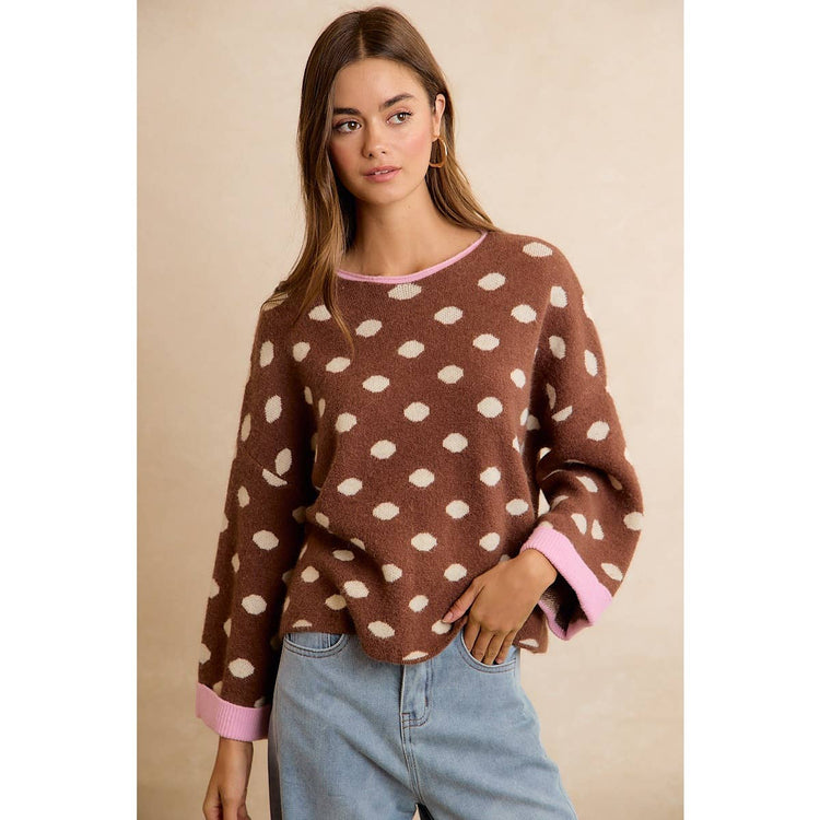 CONTRAST NECK AND ROLL UP DETAIL POLKA DOT SWEATER: MOCHA/BLUSH