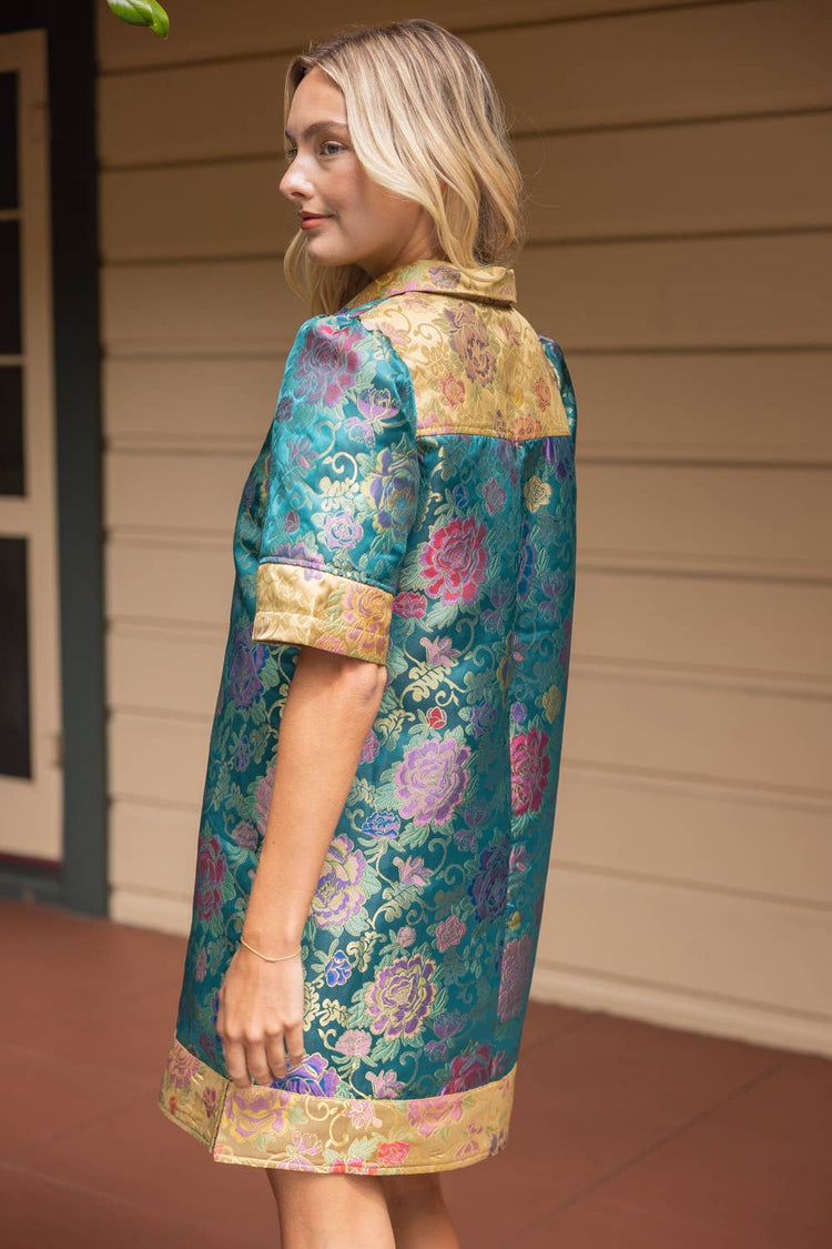 Color Block Collared Floral Jacquard Dress