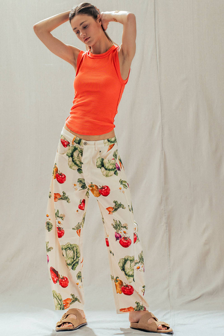 Vegetable Garden Print Barrel Leg Pants