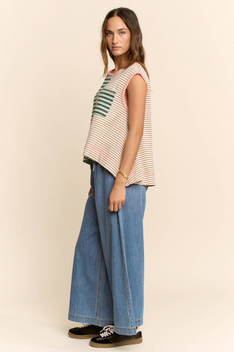 HIGH WAISTED WIDE LEG DENIM PANTS SELF TIE BELT: BLUE DENIM