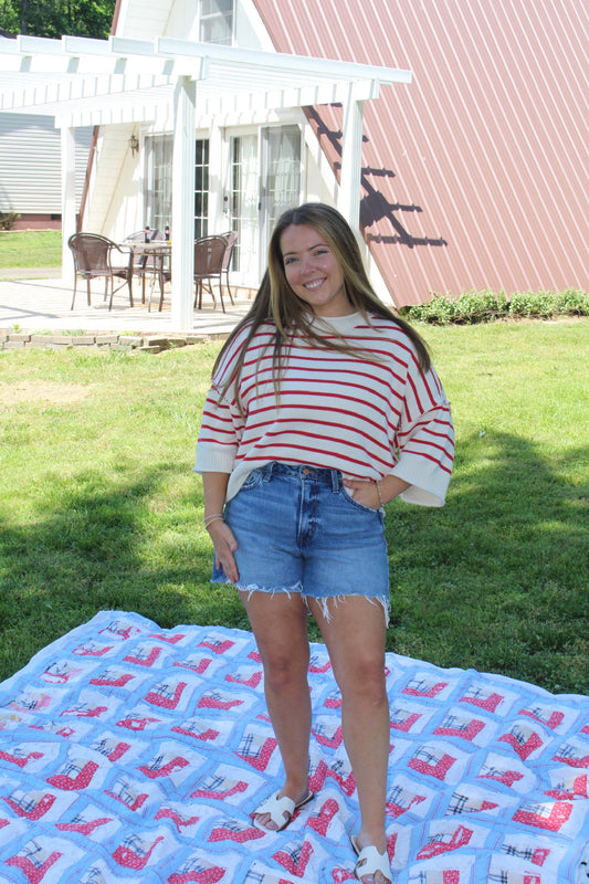 Red Striped Raw Edge Short Sleeve Sweater