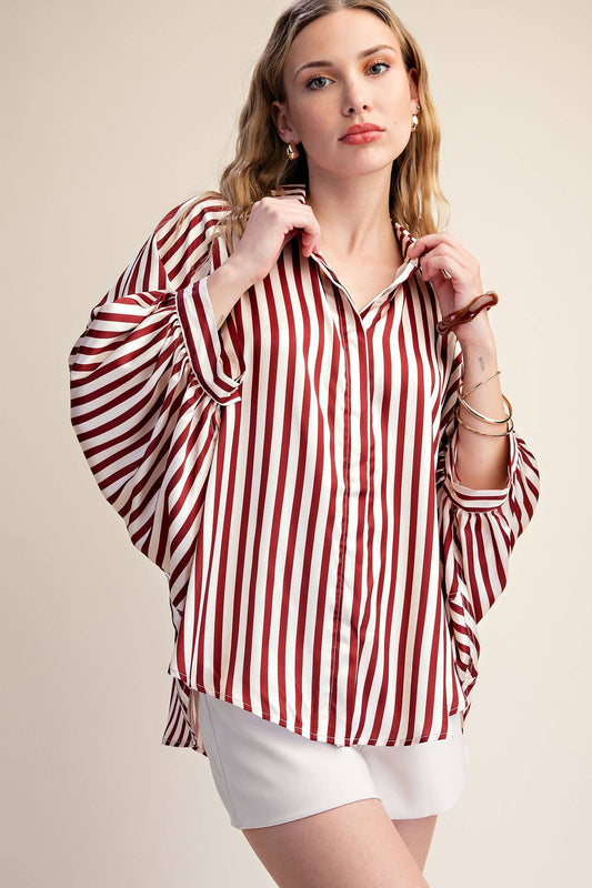 Stripe Wide Puff Sleeve Button down Shirt