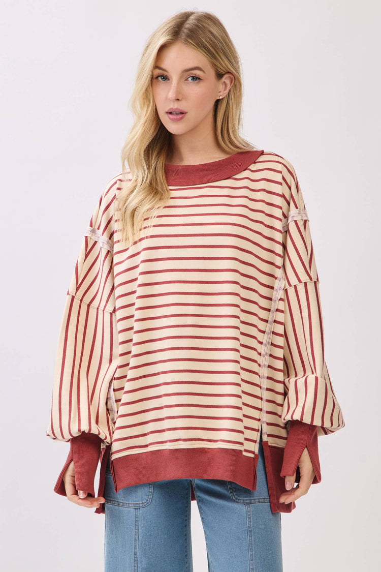 Striped Balloon Sleeve Terry Sweatshirt