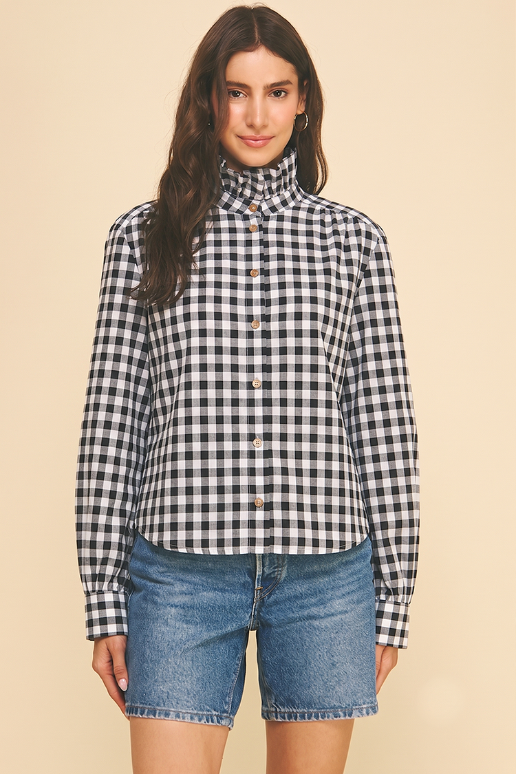 Gingham Check Ruffled Collar Shirt