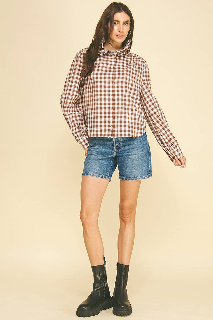 Gingham Check Ruffled Collar Shirt