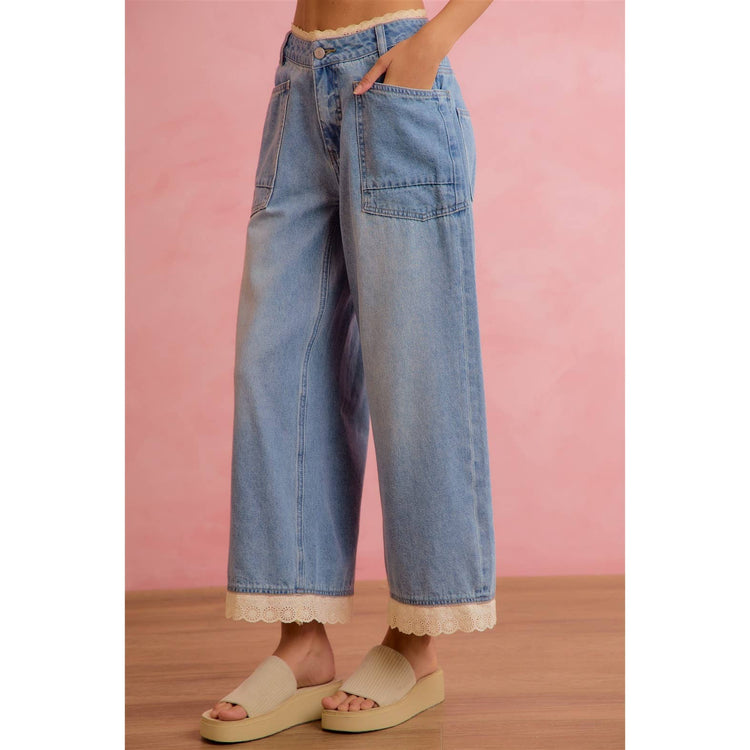 CROCHET LACE TRIM RELAXED STRAIGHT WIDE LEG DEMIN JEANS